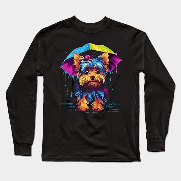 Yorkshire Terrier Rainy Day With Umbrella Long Sleeve T-Shirt by JH Mart